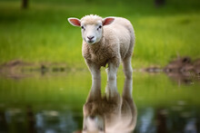 Young Sheep Walks Around The Green Farm Field, Stop By On The Bank Of A Pond And Drink Water On A Sunny Day In Summer, Domestic Farm Animals