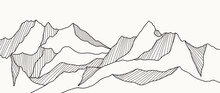 Black And White Mountain Line Art Wallpaper. Contour Drawing Luxury Scenic Landscape Background Design Illustration For Cover, Invitation Background, Packaging Design, Fabric, Banner And Print.