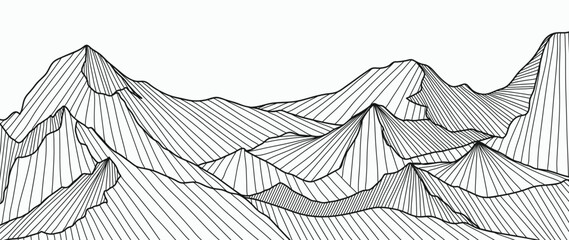 Wall Mural - black and white mountain line art wallpaper. contour drawing luxury scenic landscape background desi