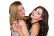 Digital png photo of caucasian female friends embracing and smiling on transparent background