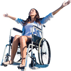 Canvas Print - Digital png photo of caucasian woman sitting in wheelchair widening arms on transparent background