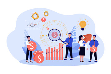 Wall Mural - Employees analyzing corporate finances vector illustration. Cartoon drawing of accountants or workers managing company budget, charts, innovations. Finances, budget, business, management concept