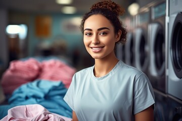 Smiling young beautiful woman posing at a laundromat 