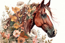 Image Of A Horse Head Surrounded By Colorful Tropical Flowers. Wildlife Animals. Illustration, Generative AI.