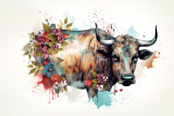 Image of a cow surrounded by colorful tropical flowers. Farm animals. Illustration, Generative AI.