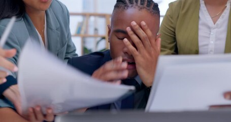 Sticker - Multitask, chaos and black man on a phone call with stress from paperwork, documents and report. Corporate manager, busy team and overwhelmed male person with anxiety, crisis and problem in office