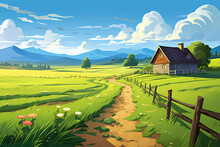 Summer Countryside House Farm Buildings Cartoon Illustration