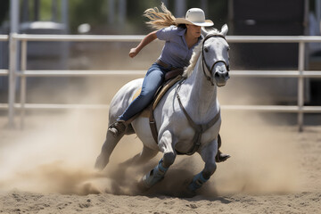 women horse barrel racing. Neural network generated in May 2023. Not based on any actual person, scene or pattern.