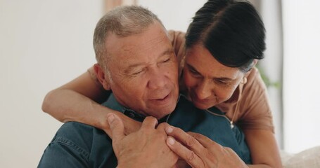 Canvas Print - Sad, support hug or senior couple problem, crisis or old woman hugging man for empathy, compassion or unity trust. Home living room, mental health or elderly people, spouse or person care for husband