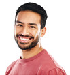 © Suresh Heyt/peopleimages.com - Isolated young man, headshot portrait and smile for confidence, beard or pride by transparent png background. Gen z student, happy Indian guy or trendy fashion model with casual clothes in youth