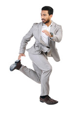 Sticker - Running, hurry or business man late in work jump, rushing or employee isolated on a transparent background. Male person, consultant and agent with png, corporate and appointment and time management