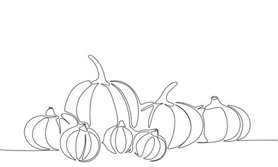 Wall Mural - One line continuous pumpkins. Halloween or Harvest Festival concept banner in line art hand drawing style. Outline vector illustration.