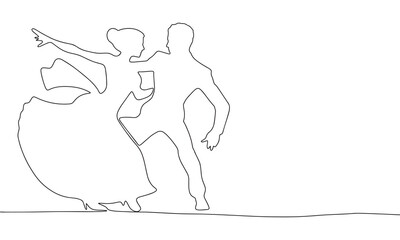 One line continuous Man and woman are dancing. Latin dance concept banner in line art hand drawing style. Outline vector illustration.