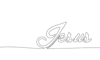 Wall Mural - One line continuous Jesus word. Religion concept banner in line art hand drawing style. Outline vector illustration.