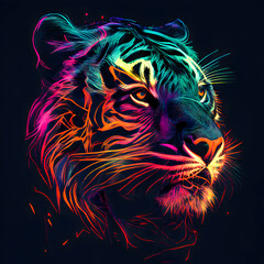 Tiger in abstract, graphic highlighters lines rainbow ultra-bright neon artistic portrait, commercial, editorial advertisement, surrealism. Isolated on dark background