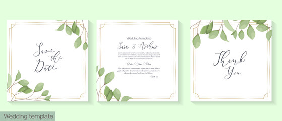 Wall Mural - Vector botanical template for wedding or other celebration invitations. Delicate green leaves on a branch in watercolor style. . Vector illustration