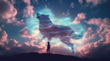 Silhouette Of A Wolf Behind The Girl