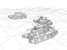 Battle Tank On Sand  ,3d Rendering Wireframe