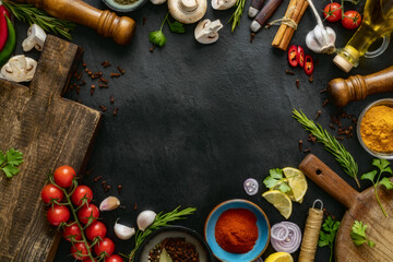 Canvas Print - Frame of cooking ingredients background. Various spices, fresh vegetables, herbs, mushrooms and olive oil on dark stone table with copy space top view. Healthy food