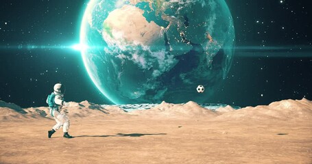 Wall Mural - young astronaut on the surface of the moon playing soccer. shooting slowly. space related majestic s