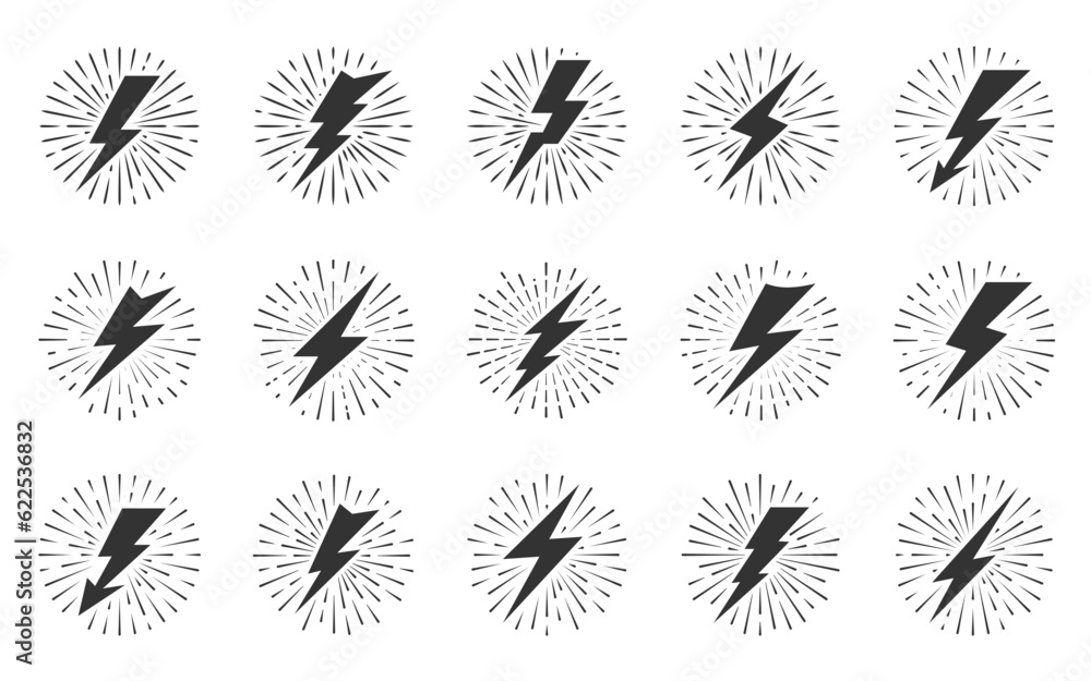 Lightning bolt flash with sunburst effect. Thunderbolt with vintage