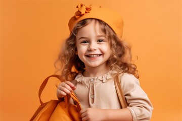 Cheerful little girl in orange hat with orange bag over orange background