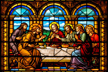 Spectacular stained glass artwork of Jesus feeding the five thousand, capturing iconic Biblical scene (Matthew 14:13-21) in a captivating play of colors. Generative AI