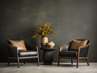 modern modern minimalist interior with classic leather armchairs in empty loft style room charcoal concrete wall with plant vase on coffee table minimal decor