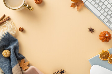 Wall Mural - Cozy autumn workspace: Top view photograph showcasing keyboard, mouse, hot coffee, patchy scarf and maple leaves. Set against a pastel isolated background, it offers copyspace for text or advertising