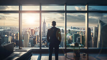 Businessman Standing In Office Room, In Front Of Big Window, Watch Downtown Below, Back Side. Generated AI