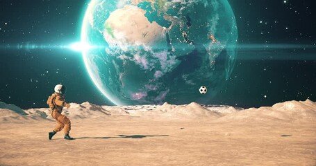 Wall Mural - male astronaut in space suit on an alien planet playing football. shooting slowly. space related maj