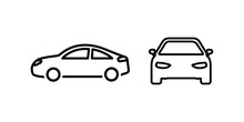 Set Of Various Cars Front And Side View Outline Vector Icon.