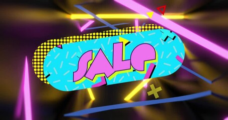 Wall Mural - animation of sale text over vintage speech banner and neon shapes on dark background