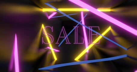 Wall Mural - animation of sale text over neon shapes on dark background
