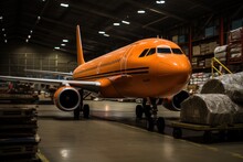 An Orange Airplane Is Parked In A Warehouse. Generative AI Image.