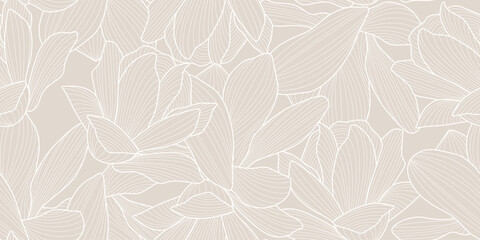 Floral Seamless Pattern in Trendy Linear Style. Floral Minimalist Background. Seamless Pattern with Flowers. Flowers Line Art Pattern for Surface Design, Fabric, Decor, Invitation, Textile.