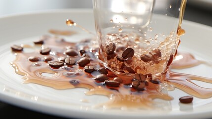 Sticker - A white plate topped with coffee beans and syrup. Generative AI image.