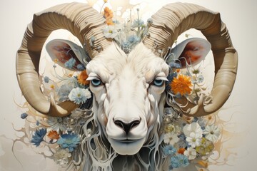 Wall Mural - A painting of a ram with flowers on its head. Generative AI image.