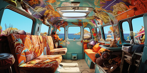 van life  interior, hippie travel lifestyle in a surreal beautiful background landscape