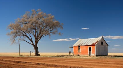 Sticker - An old house sits on a dirt road. Generative AI image.