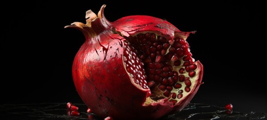 Wall Mural - Dark food fruits photography background - Cracked pomegranate on black table (Generative Ai)