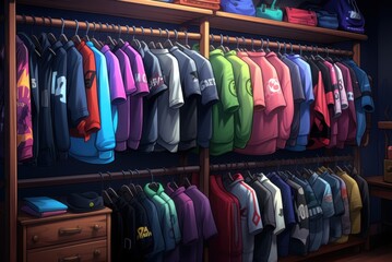 Sticker - A room with a bunch of shirts hanging on a rack. Generative AI image.