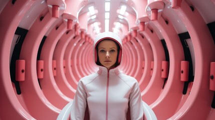 Poster - A woman standing in a pink tunnel with a hood on. Generative AI image.