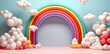 The vibrant rainbow bursting through the clouds against the dreamy pink floor creates a whimsical, magical atmosphere. Background copy space or layout for text. Pastel podium.