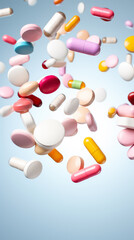 Wall Mural - Flying colorful pills and drugs on blue background. Medicine and pharmaceuticals to health care and wellness.