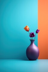 A minimalistic blue vase with a purple flower. In the background is a design in blue and purple. Place for text. Generative AI.