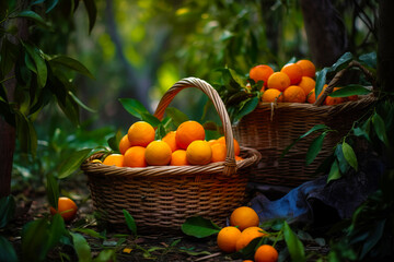 Sticker - Couple of baskets filled with oranges on top of forest floor. Generative AI.