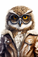 Wall Mural - Owl wearing glasses and leather jacket with leather jacket on it. Generative AI.
