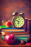 Fototapeta Tematy - Clock sitting on top of pile of books next to apple. Generative AI.