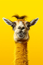 Close Up Of Llama's Face With Yellow Background. Generative AI.